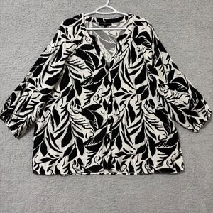 Relaxed Lightweight Blouse Plus Size 3X Black White Leaf Print Button Front Top